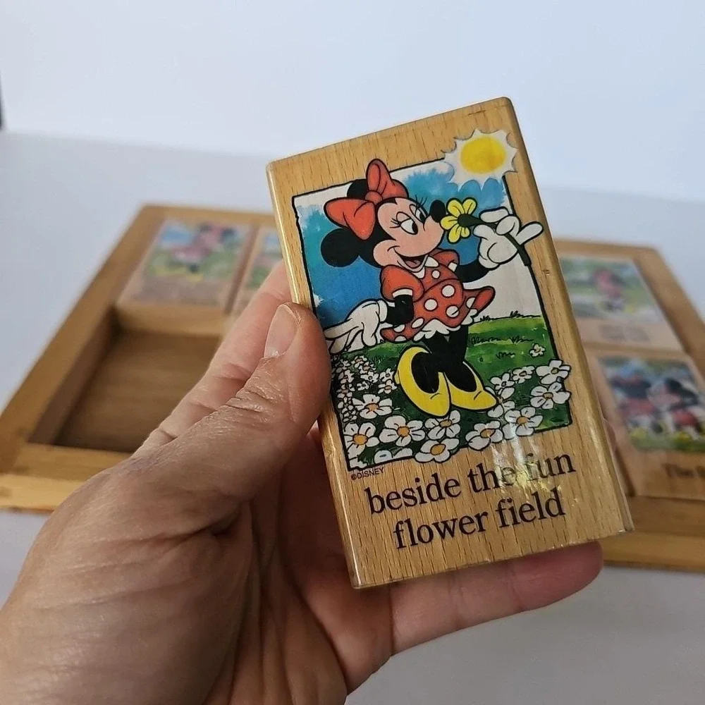 Vintage Disney Mickey Minnie Mouse Friends Wooden Story Blocks Puzzle Toy Tray‎